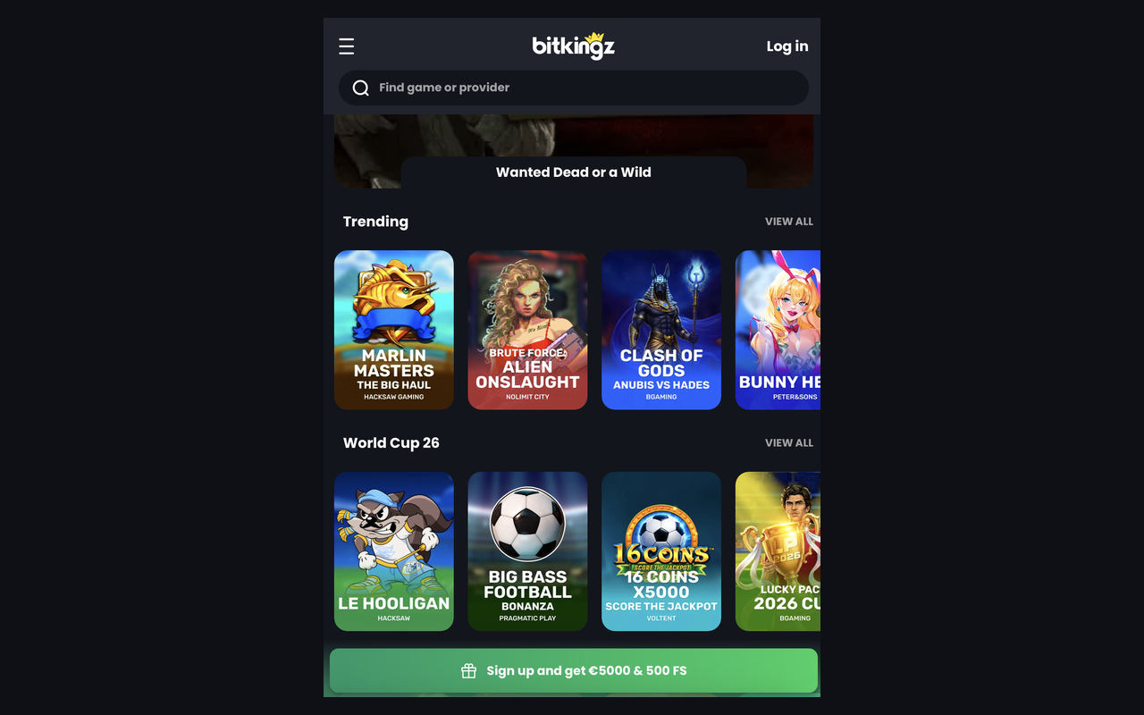 Mobile Browser-Version von Bitkingz Casino mit Trending-Slots und WM-2026-Reihe