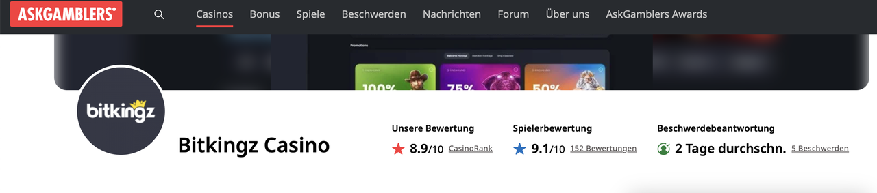 Bitkingz Casino Bewertung bei AskGamblers mit 8,9 von 10 Redaktionswertung und 9,1 von 10 Spielerbewertung