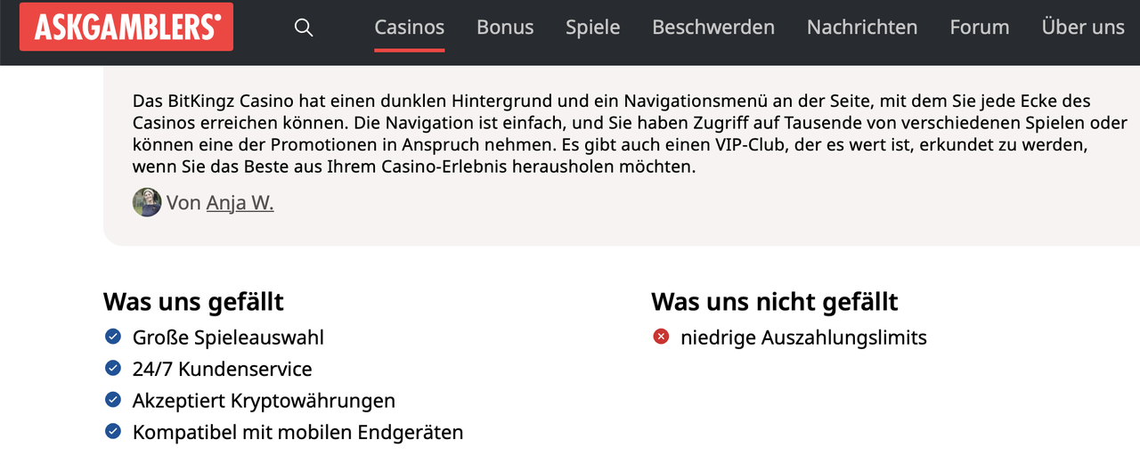 Redaktionelle Bewertung von Bitkingz bei AskGamblers mit Pluspunkten und Kritik an niedrigen Auszahlungslimits