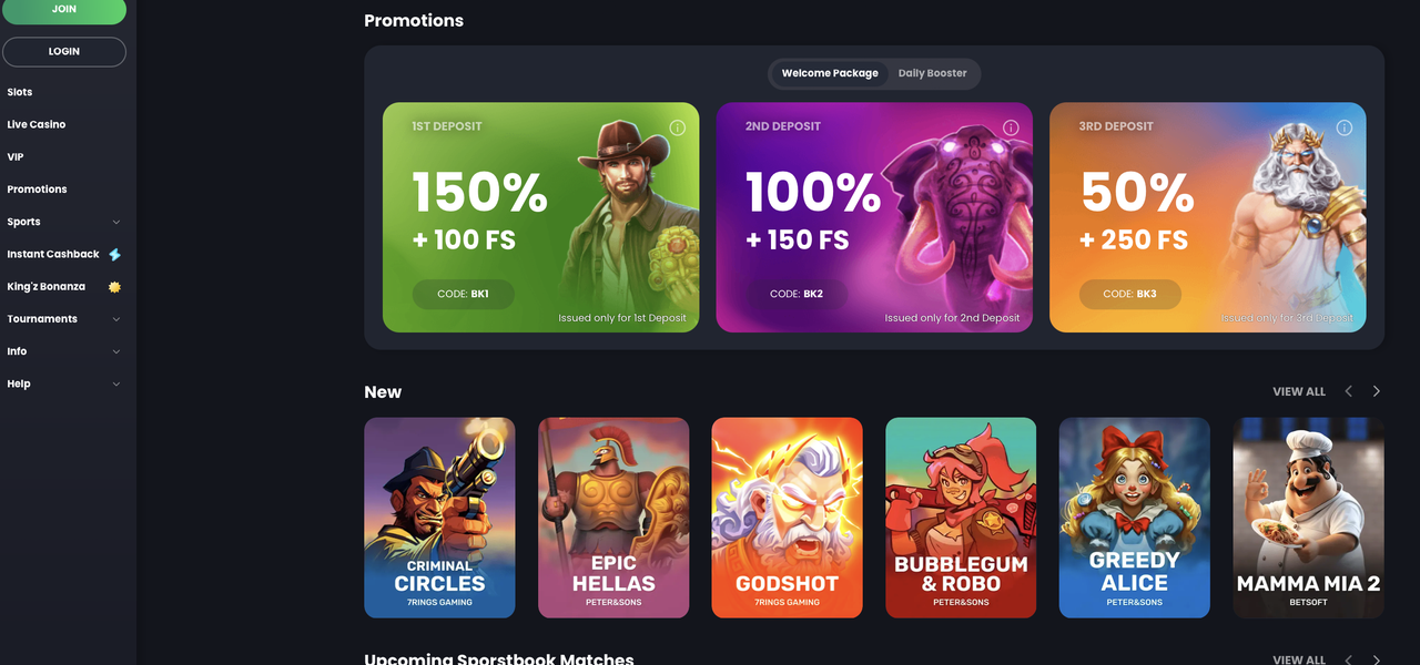 Bonusübersicht bei Bitkingz Casino mit Willkommenspaket und Daily Booster