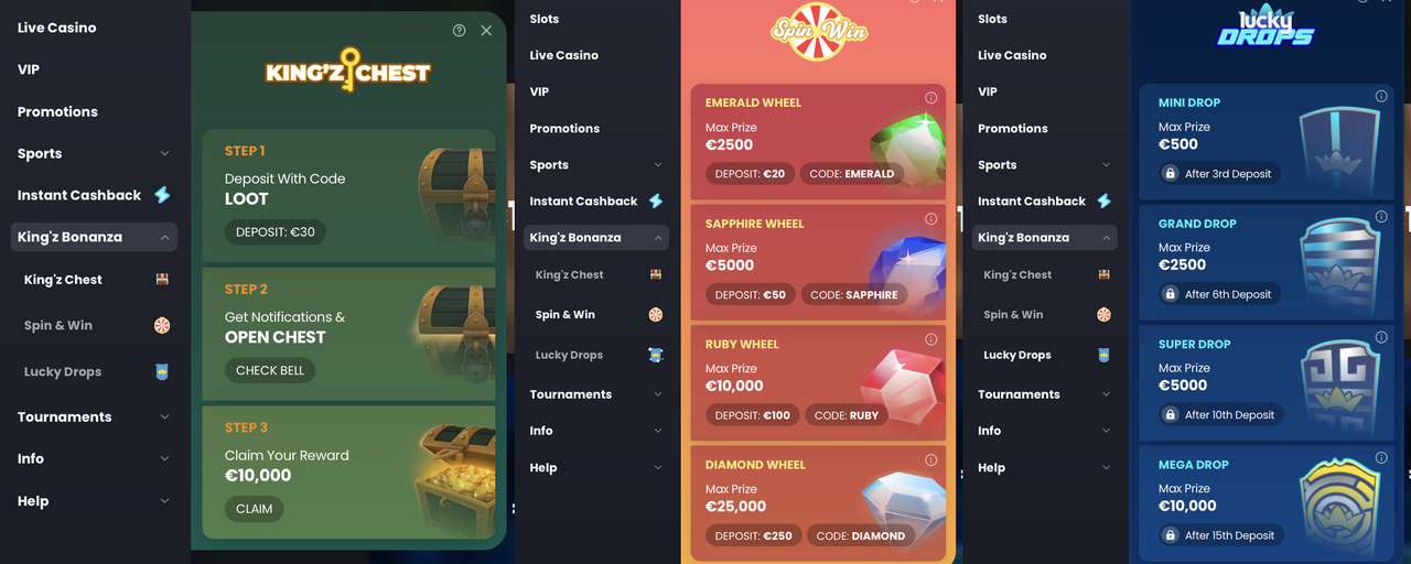 King'z Bonanza Bereich bei Bitkingz mit Chest, Spin und Win und Lucky Drops