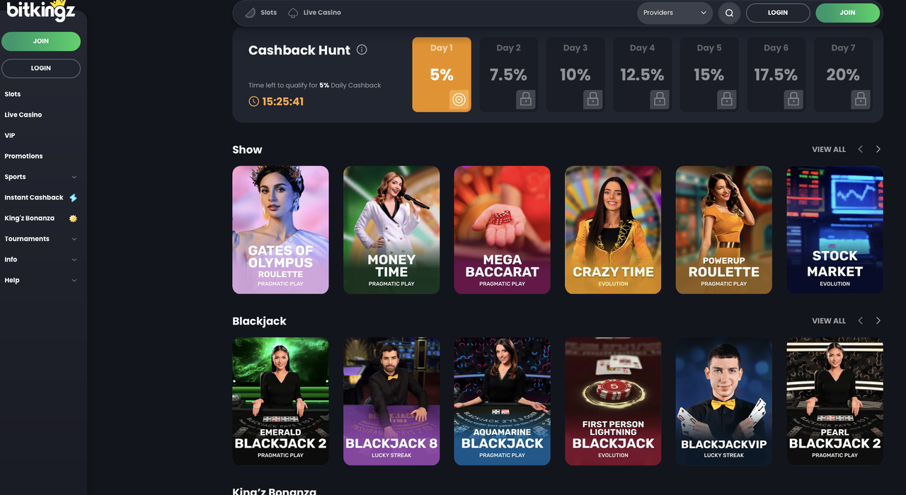 Live Casino Lobby bei Bitkingz mit Game Shows und Blackjack-Tischen