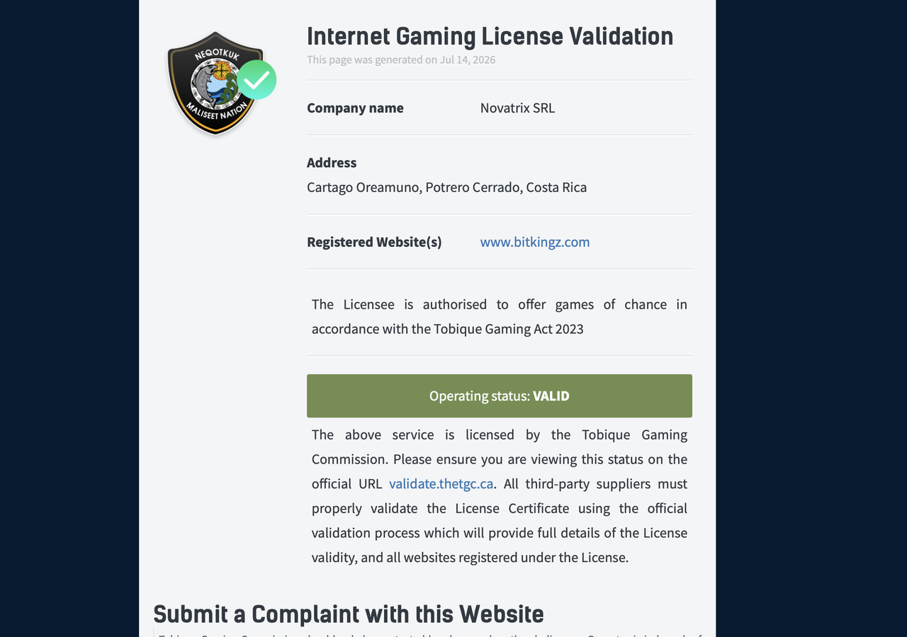 Offizielle Lizenzvalidierung von Bitkingz bei der Tobique Gaming Commission mit Status Valid