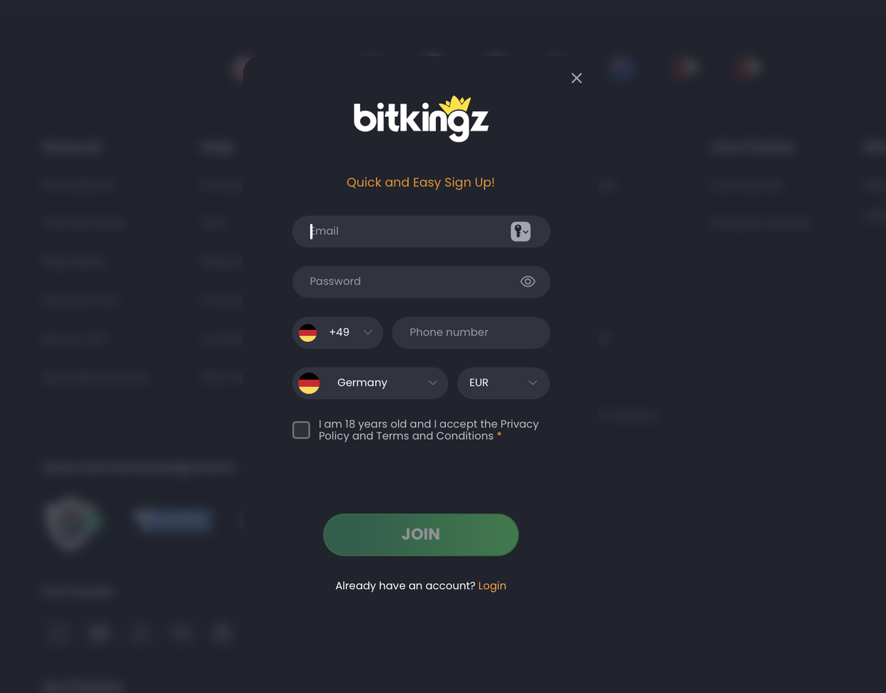 Anmeldefenster von Bitkingz Casino mit Feldern für E-Mail und Passwort