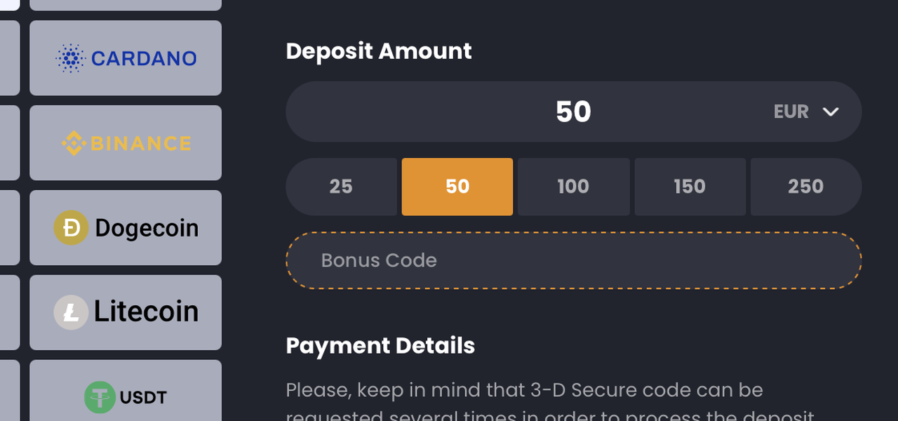 Einzahlungsfenster von Bitkingz mit Bonus-Code-Feld und Zahlungsmethoden