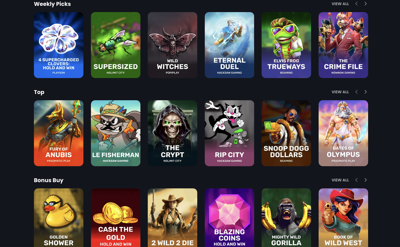 Slot-Lobby von Bitkingz Casino mit Weekly Picks, Top-Spielen und Bonus-Buy-Kategorie