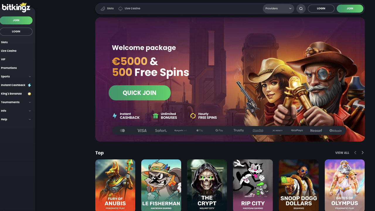Startseite von Bitkingz Casino mit Willkommenspaket und Spielelobby