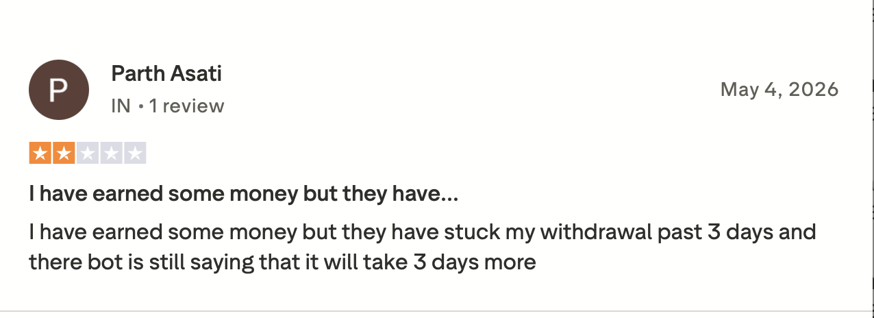 Negative Bitkingz Erfahrung auf Trustpilot mit einer über drei Tage verzögerten Auszahlung