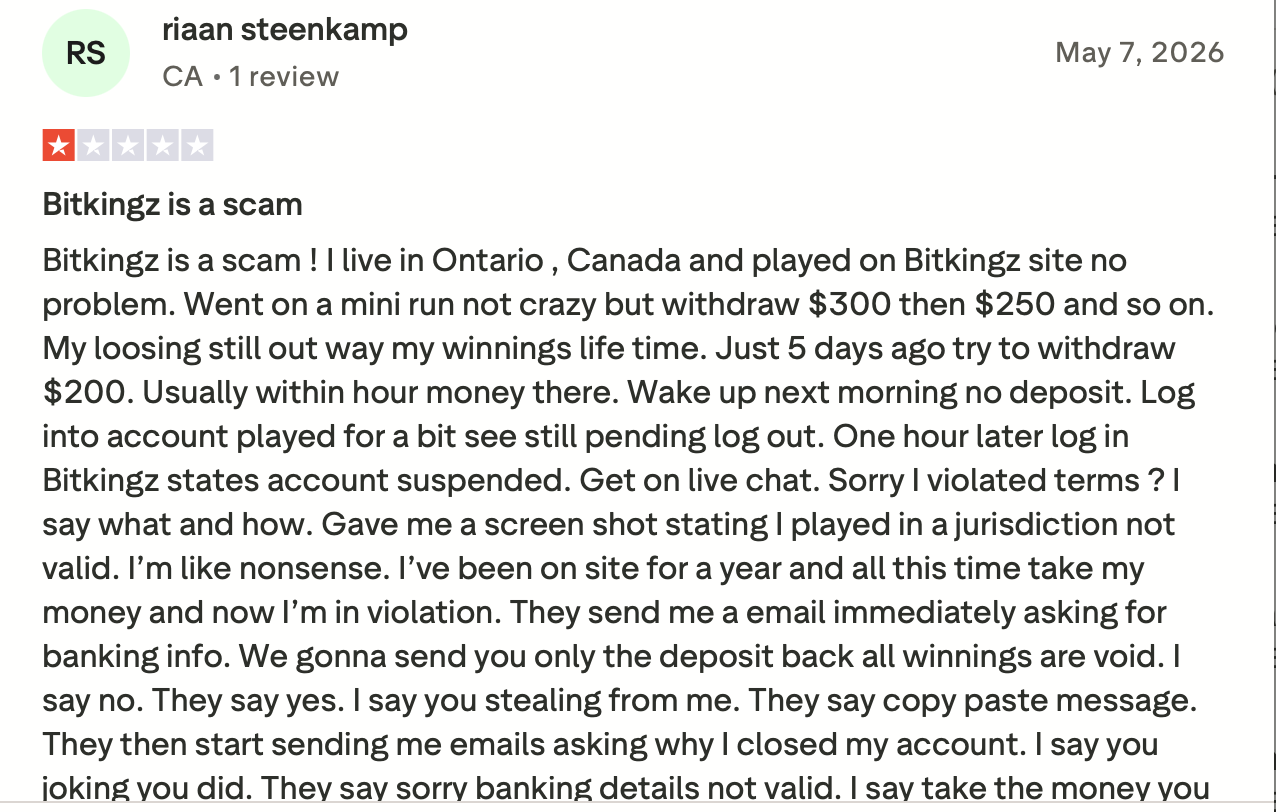 Negative Bitkingz Erfahrung auf Trustpilot mit Kontosperrung wegen Spielens aus einer gesperrten Jurisdiktion in Ontario